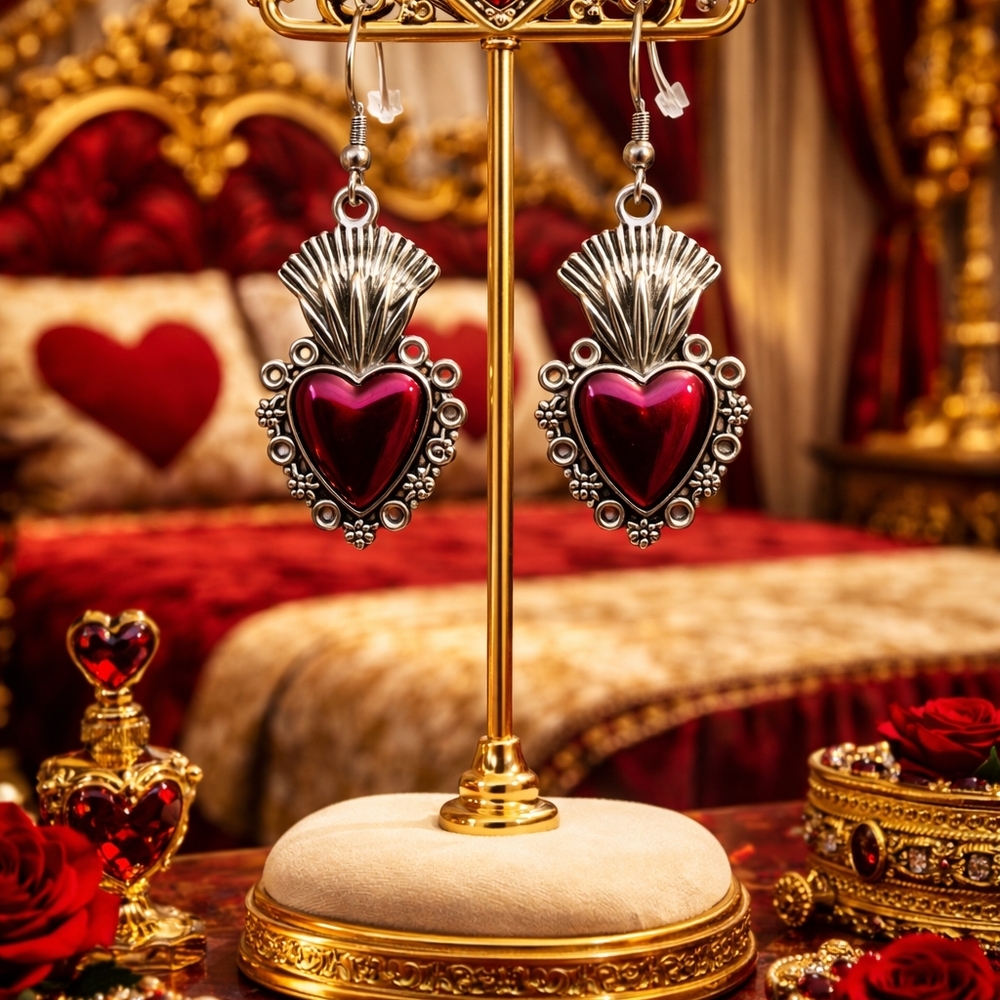 Sacred Heart Earrings on Hypoallergenic Surgical Steel French Hooks Deep Red